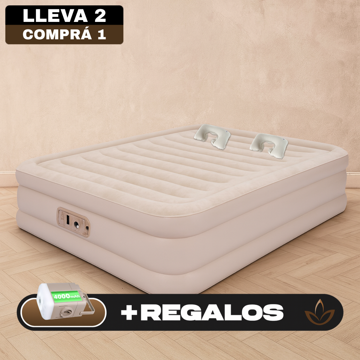 COMBO colchón inflable 2 plazas + 2 almohadas + inflador
